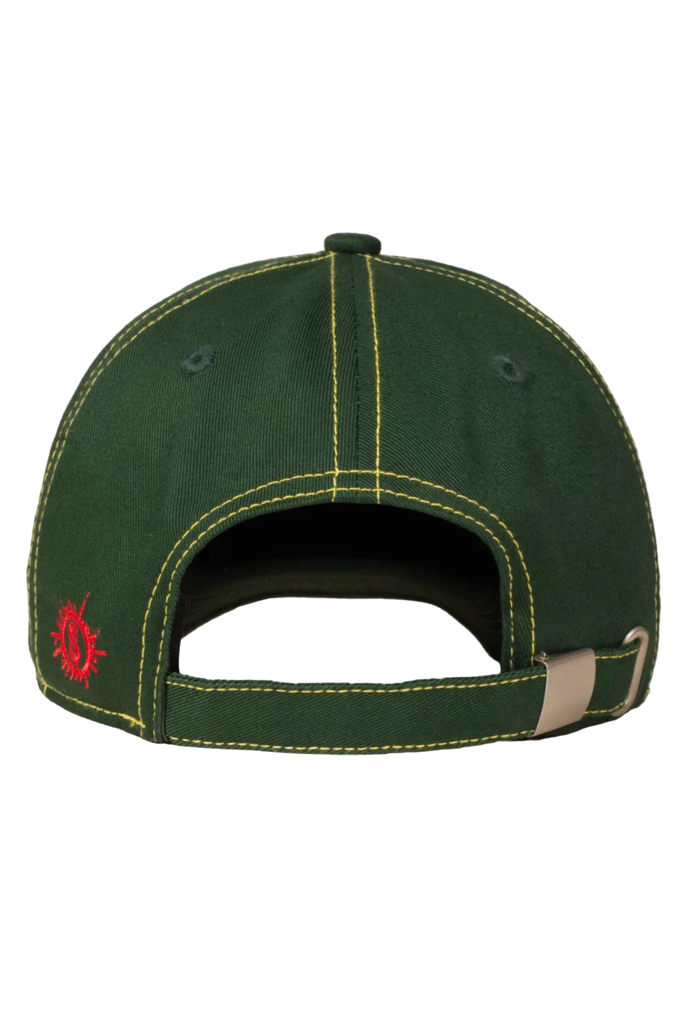 Back view of green horror baseball cap with adjustable strap and red embroidered logo