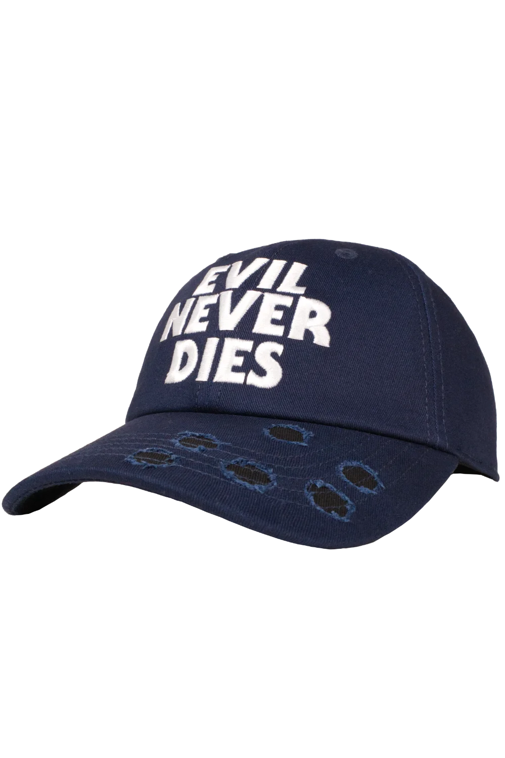 Navy horror baseball cap embroidered with “Evil Never Dies” text and bullet hole details on the brim. inspired by Halloween