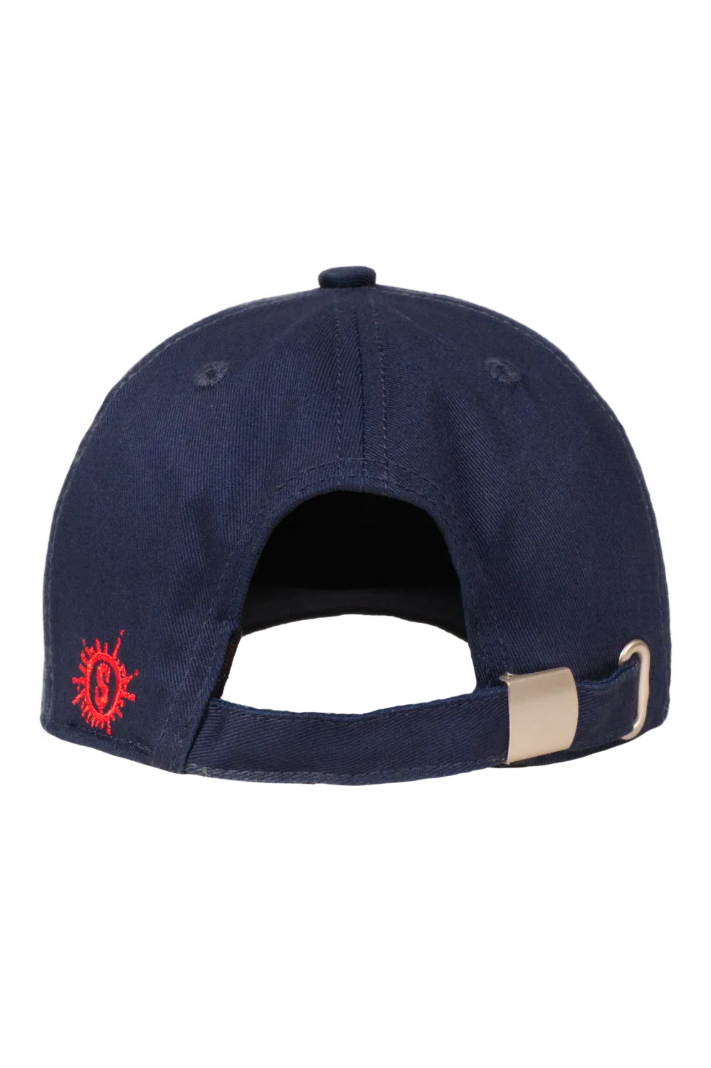 Back view of navy horror baseball cap with adjustable strap and red embroidered logo.