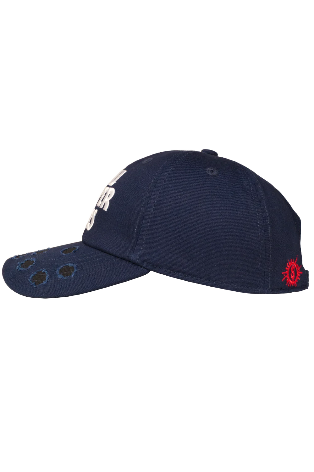Side view of navy horror baseball cap with curved peak and distressed brim details