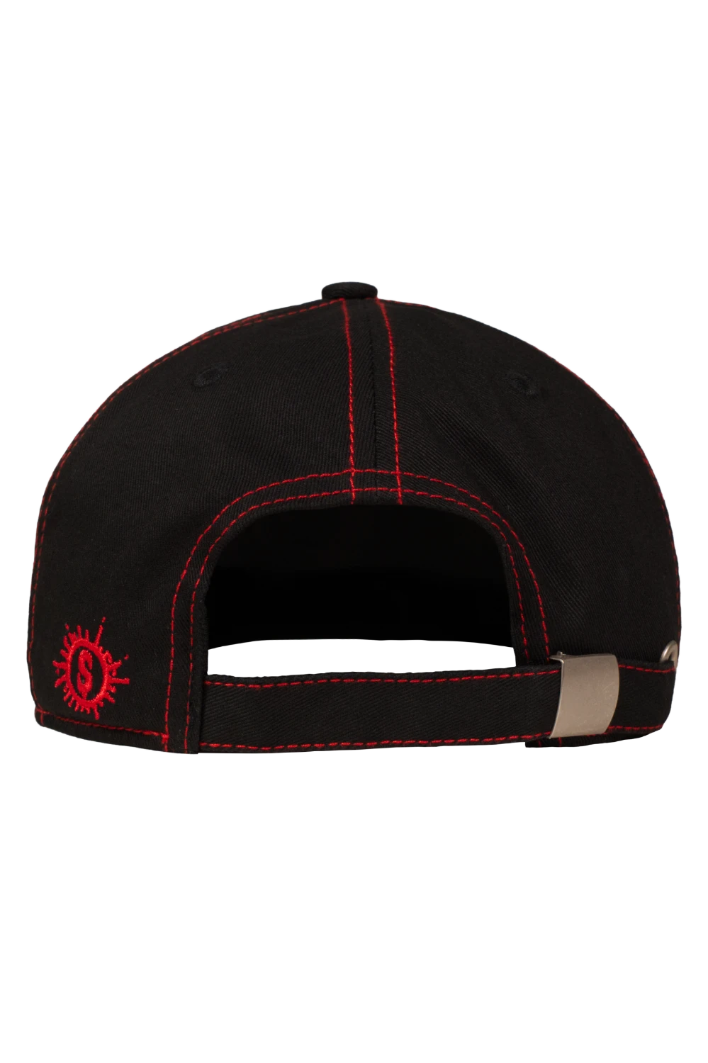 Back view of Sweet Dreams horror flat peak cap with red stitching and adjustable strap