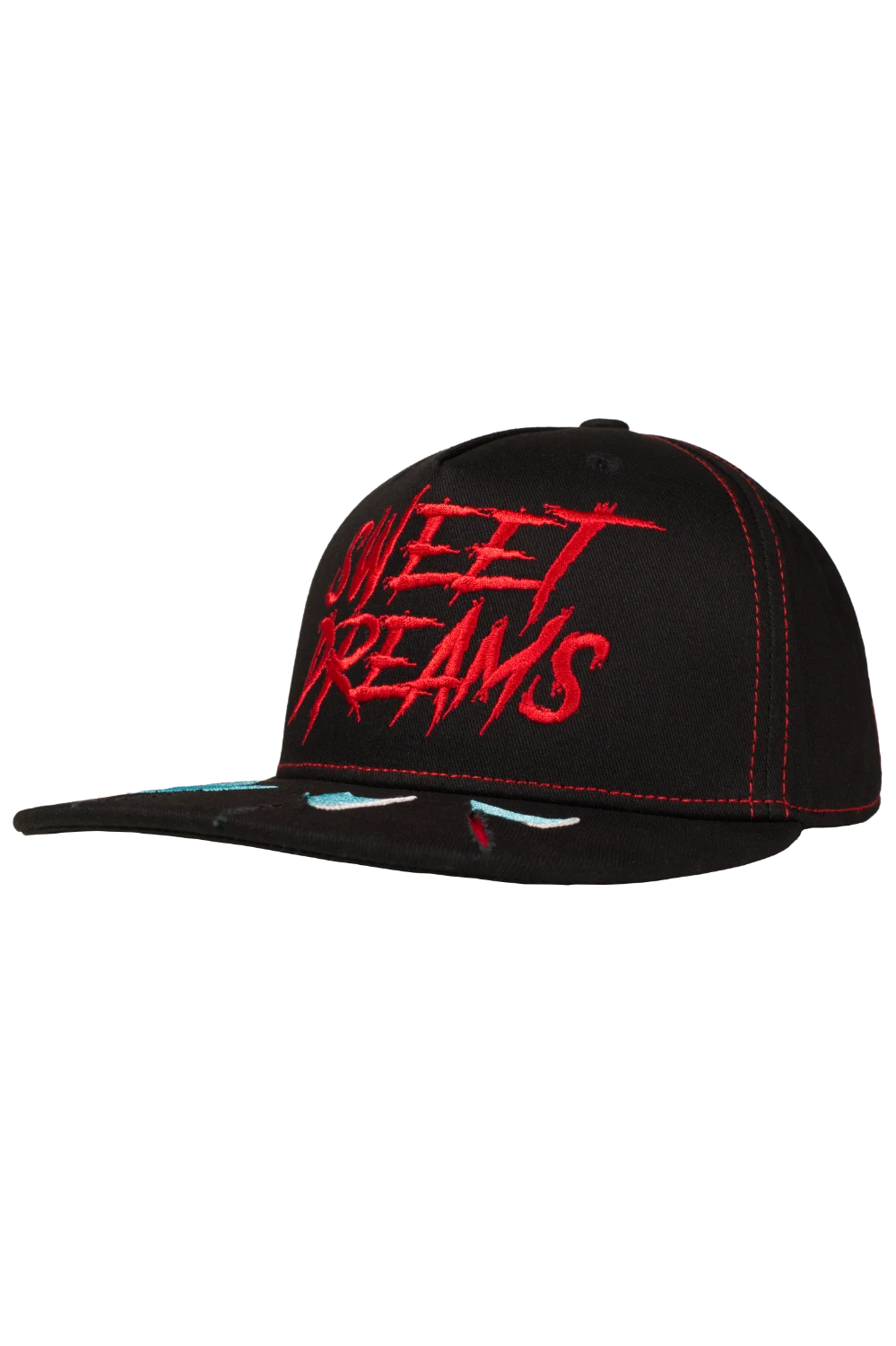 Sweet Dreams horror flat peak cap with red embroidered logo and Freddy Kruger 
claw-mark detailing on the brim